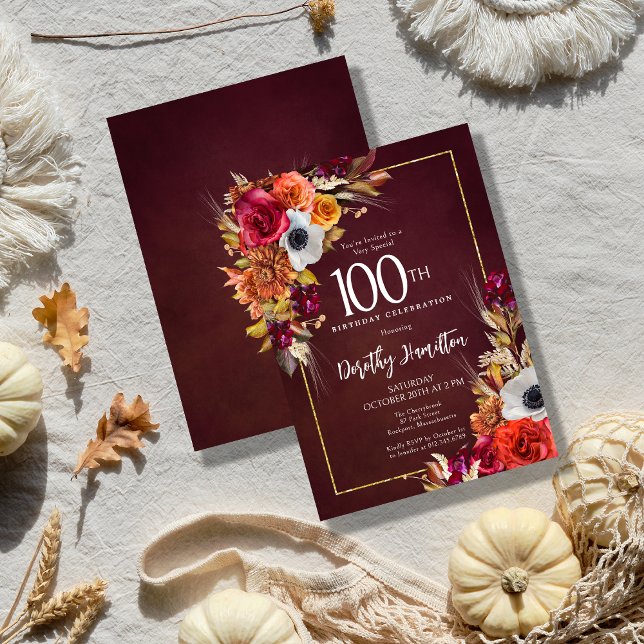 Boho Fall Burgundy Blommigt Script 100th Birthday Inbjudningar (Skapare uppladdad)