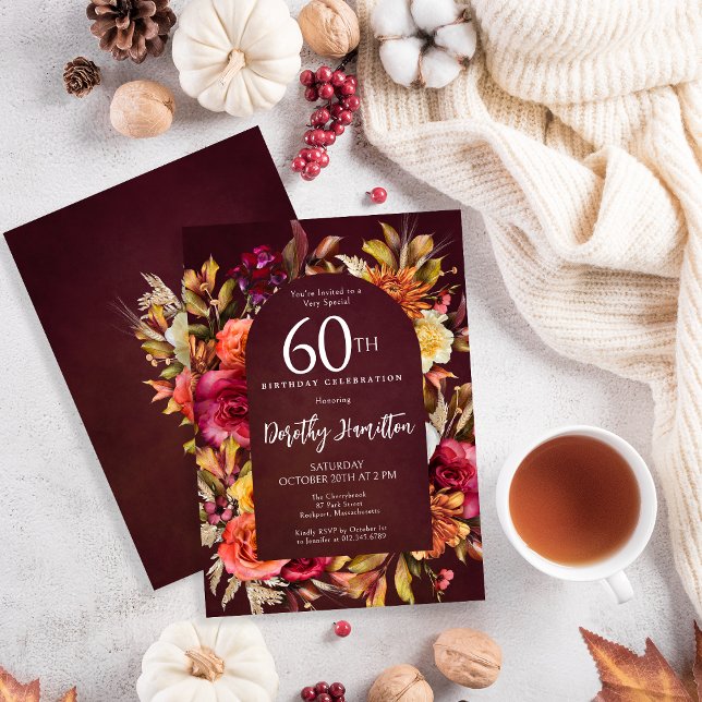 Boho Fall Burgundy Blommigt Script 60:e födelsedag Inbjudningar (Skapare uppladdad)