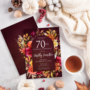 Boho Fall Burgundy Blommigt Script 70:e födelsedag Inbjudningar