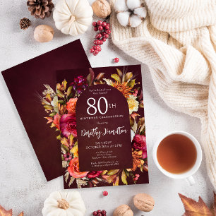 Boho Fall Burgundy Blommigt Script 80:e födelsedag Inbjudningar