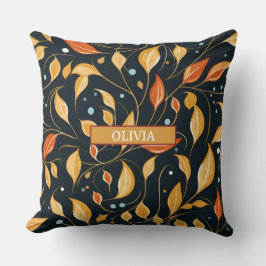Boho Fall Flowers Black Orange med Namn Kudde