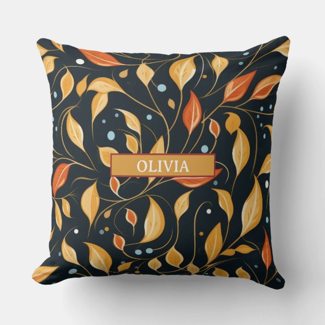 Boho Fall Flowers Black Orange med Namn Kudde (Framsida)