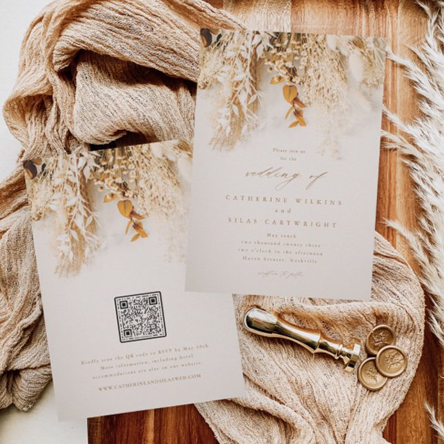Boho Fall Flowers med QR-kod Bröllop Inbjudningar (Skapare uppladdad)