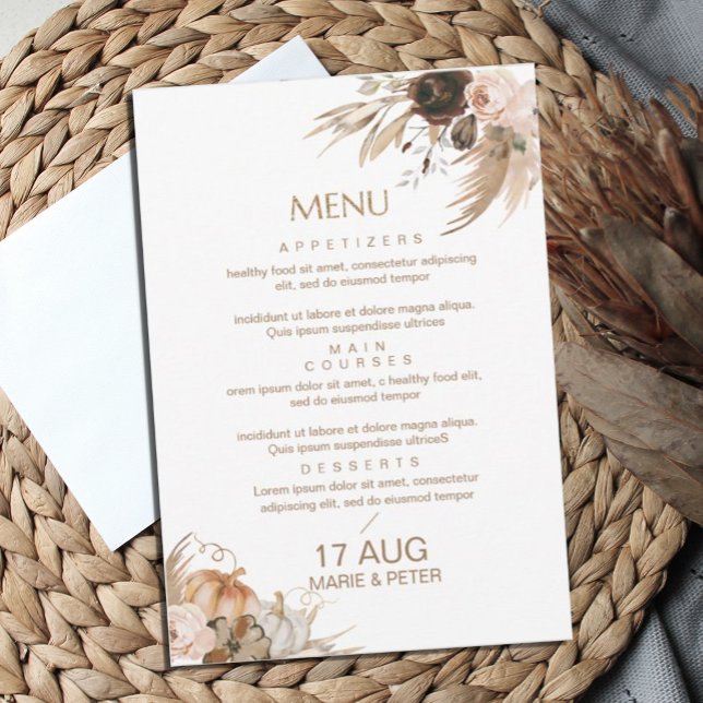 Boho Fall Glitter Menu Bröllop Inbjudningar (#zazzlemade #menuwedding #boho invitation #fall)