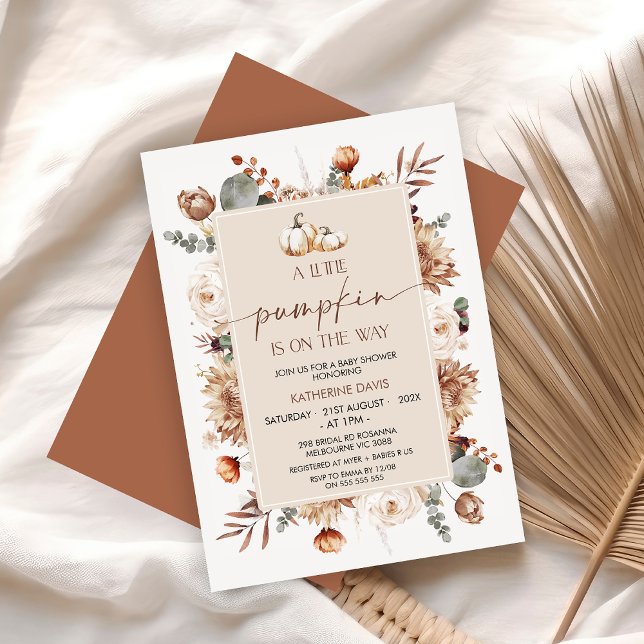 Boho Fall Little Pumpkin Baby Shower Inbjudningar (Little Pumpkin Baby Shower Invitation, Boho Floral Fall Baby Shower Invitation, Autumn Pumpkins)
