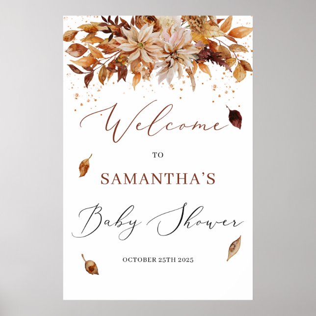 Boho fall och Baby välkomstskylt från hösten blomm Poster (Framsidan)