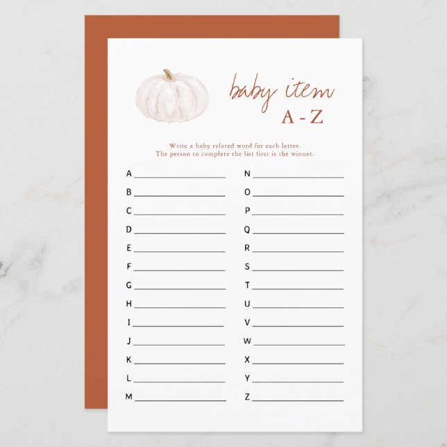 Boho Fall Pumpkin Baby Item A-Z Baby Shower Game (Fram/baksida)