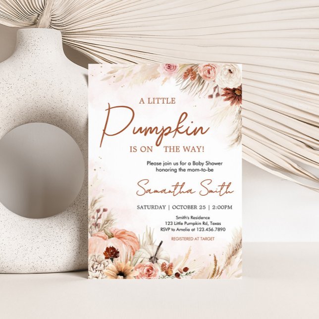 Boho Fall Pumpkin Pampas Grass Baby Shower Inbjudningar (Boho Autumn Fall Pumpkin Pampas Grass Baby Shower Invitation)