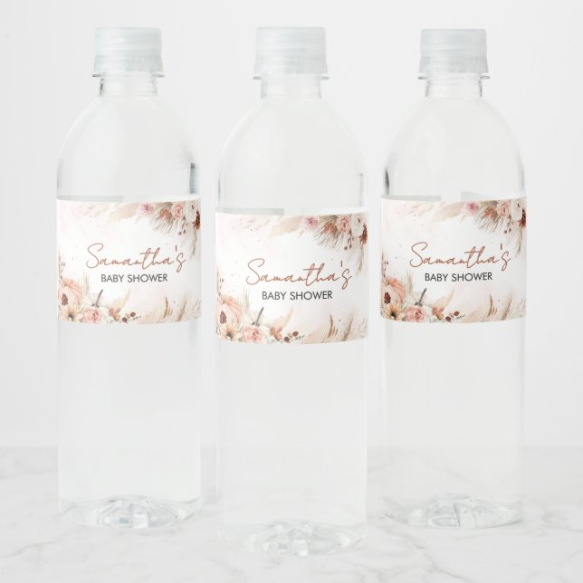 Boho Fall Pumpkin Pampas Grass Baby Shower Vattenflaskor Etikett (Flaskor)