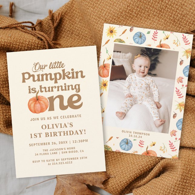 Boho Fall Pumpkin Photo 1st Birthday Inbjudningar (Skapare uppladdad)
