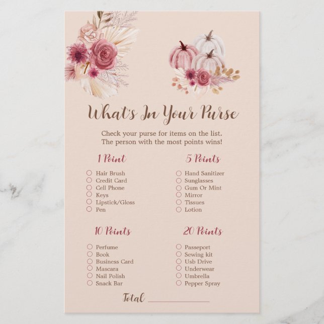 Boho Fall Pumpkin What's In Your Purse Bridal Game (Framsida)