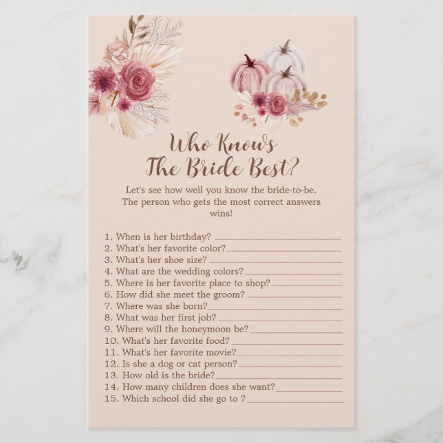 Boho Fall Pumpkin Who Knows The Bride Best Game (Framsida)