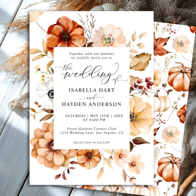 Boho Fall Rust Beige Blommigt Pumpkin Bröllop Inbjudningar (Skapare uppladdad)