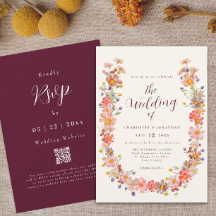 Boho Fall Rustic Blommigt QR-koden Bröllop Inbjudningar