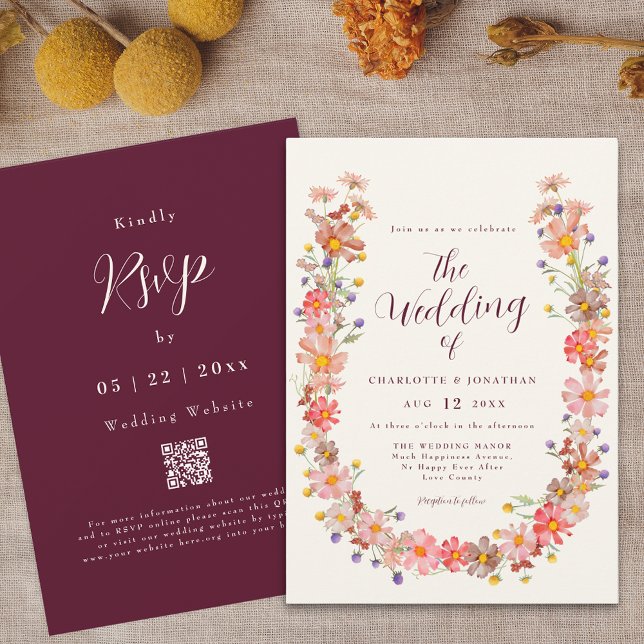 Boho Fall Rustic Blommigt QR-koden Bröllop Inbjudningar (Boho fall wildflower wedding qr code invitation burgundy and ivory cream Watercolor autumn florals)