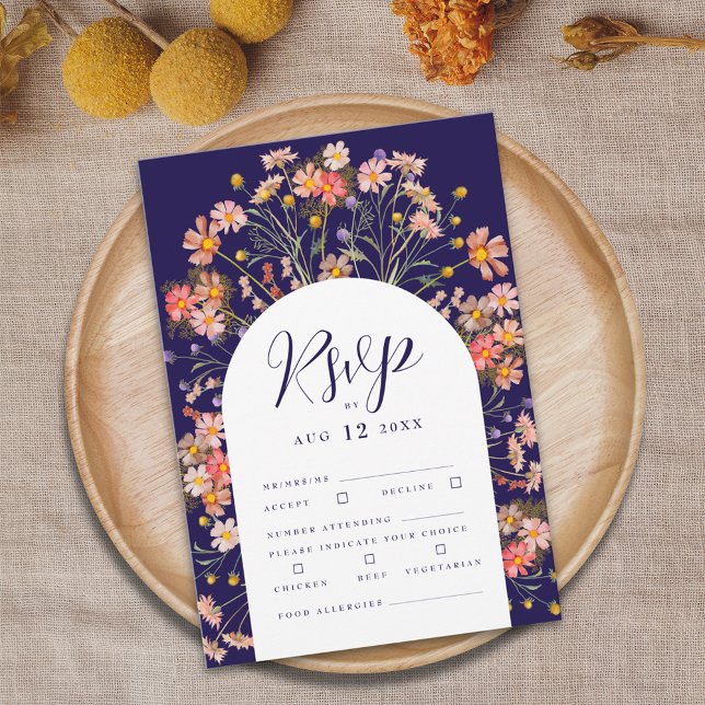 Boho Fall Rustic WildblomBlommigt Arch Bröllop OSA Kort (Boho fall rustic wildflower floral arch elegant script navy blue and white wedding rsvp card )