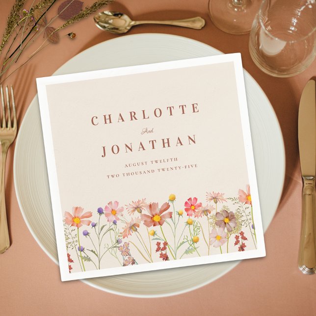 Boho Fall Rustic Wildblomma Blommigt Bröllop Pappersservett (Boho fall rustic Wildflower Floral beige and burnt orange Wedding custom napkins Watercolor flowers)