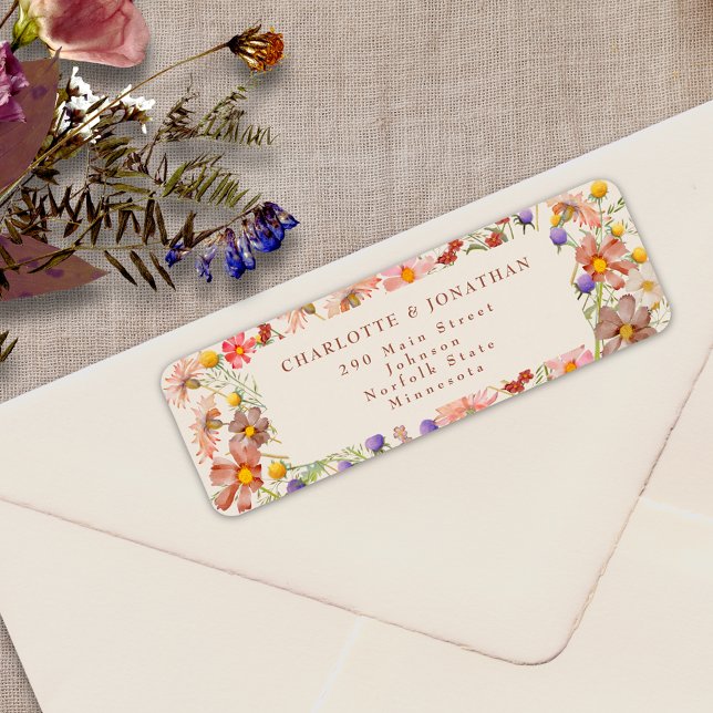 Boho Fall Rustic Wildblomma Blommigt Bröllop Returadress Etikett (Boho fall rustic wildflower floral burnt Orange terracotta beige wedding return address label )