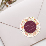 Boho Fall Rustic Wildblomma Blommigt Bröllop Runt Klistermärke<br><div class="desc">Fira din speciella dag med den här Boho faller vattenfärgen Blommigt elegant elfenbenskrämtypografi på en rik med brinnande bakgrund med bränd orange terracotta orange lila och gult faller Bröllande personlig Sticker, designad för att ge dig en aning värme och elegans till din höst bröllop. Med en vacker arrangemang av vattenfärgade,...</div>