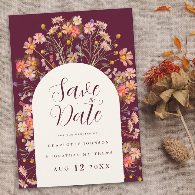 Boho Fall Rustic Wildblomma Bröllop Spara Datumet (Floral wildflower arch boho rustic fall wedding save the date invitation Romantic script)