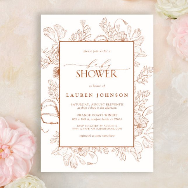 Boho Fall Terracotta Blommigt Line Art Baby Shower Inbjudningar (Skapare uppladdad)
