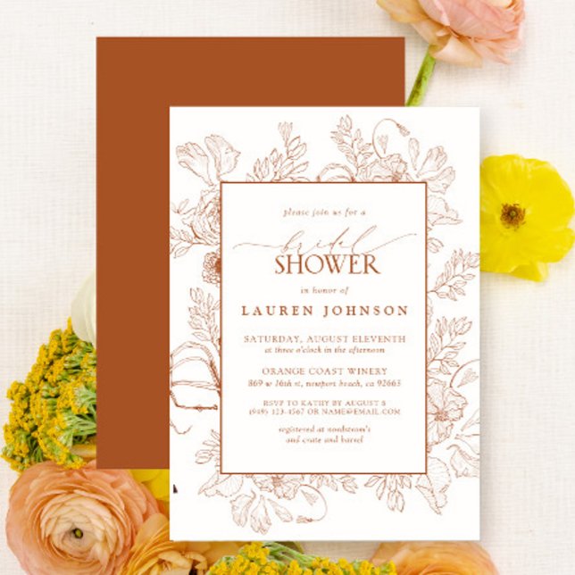 Boho Fall Terracotta Blommigt Line Art Möhippa Inbjudningar (Bridal Shower Invitation)