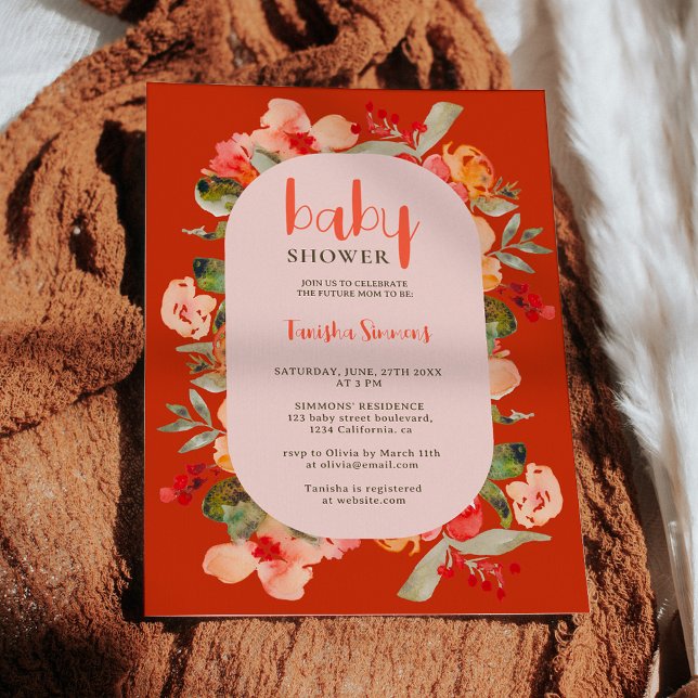 Boho fall terracotta blommigt manusdusch för barn inbjudningar (Boho fall terracotta floral script baby shower invitation on terracotta)
