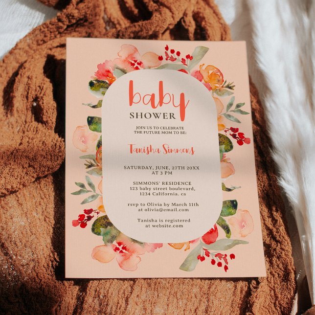 Boho fall terracotta blommigt manusdusch för barn inbjudningar (Boho fall terracotta floral script baby shower invitation on light pink)