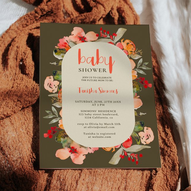 Boho fall terracotta blommigt manusdusch för barn inbjudningar (Boho fall terracotta floral script baby shower invitation on green)