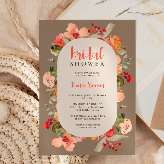 Boho fall terracotta blommigt script möhippa inbjudningar (Boho fall terracotta floral script bridal shower invitation on brown khaki)