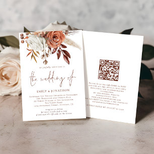 Boho Fall Terracotta Blommigts QR Code Bröllop Inbjudningar
