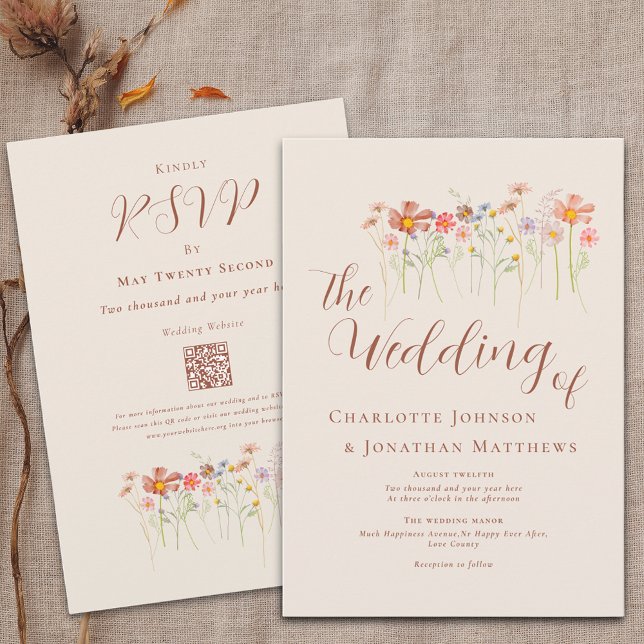 Boho Fall WildblomBeige Terracotta QR-kod Inbjudningar (Boho fall Wildflower floral beige & terracotta Wedding qr code invitation Watercolor meadow flowers)