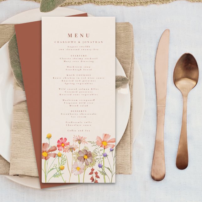 Boho Fall WildblomBlommigt Beige Bröllop Meny (Boho fall wildflower floral beige and burnt orange wedding menu card Watercolor autumn flowers )