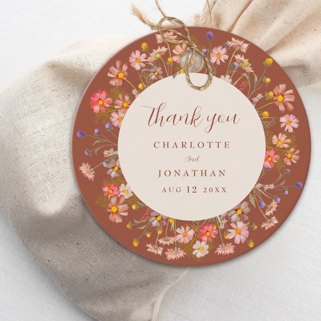 Boho Fall WildblomBlommigt Bröllop Tack Gåvor Etiketter (Boho Wildflower fall floral beige & terracotta custom Wedding thank you favor tag Elegant script)