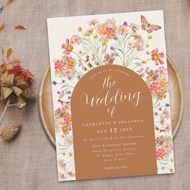 Boho Fall WildblomBlommigt Butterfly Bröllop Inbjudningar (Boho fall Wildflower arch butterfly terracotta burnt orange Wedding invitation rustic country )