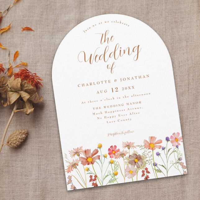 Boho Fall WildblomBröllop Inbjudningar (Boho fall Wildflower rustic country meadow Wedding invitation terracotta burnt terracotta script)