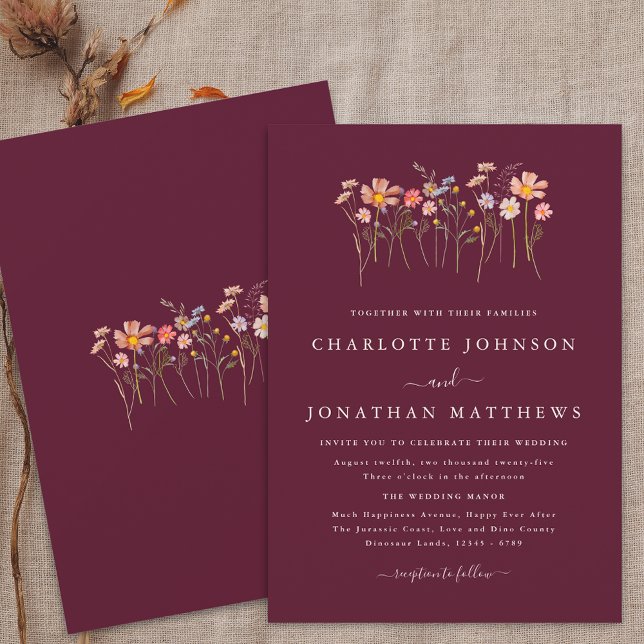 Boho Fall WildblomBurgundy & Terracotta Bröllop Inbjudningar (Boho fall wildflower meadow burgundy terracotta wedding invitation watercolor florals elegant modern)