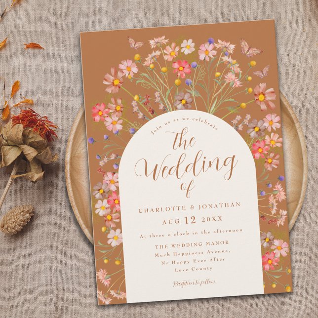 Boho Fall WildblomButterfly Bröllop Inbjudningar (Boho fall floral butterfly Wedding invitation whimsical wildflowers rustic country cottage garden)