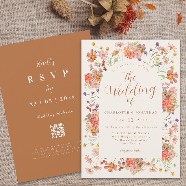 Boho Fall Wildblomch Arch Burnt Orange Bröllop Inbjudningar (Boho fall wildflower arch terracotta burnt orange elegant wedding invitation with dried flowers)