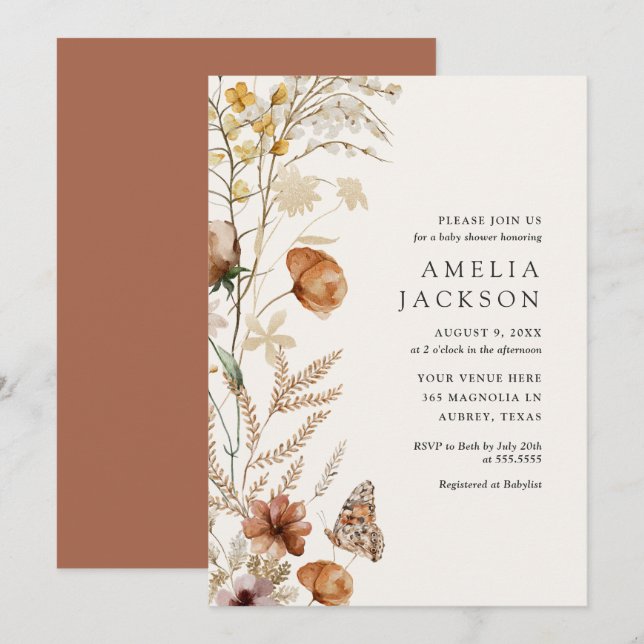 Boho Fall Wildblomma Baby Shower-inbjudan Inbjudningar (Fram/baksida)