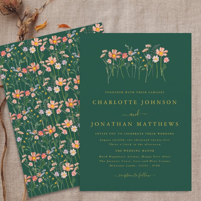 Boho Fall Wildblomma Mörk grönt och Guld Bröllop Inbjudningar (Boho fall Wildflower floral green & gold Wedding invitation Watercolor garden meadow elegant modern)
