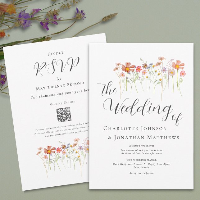 Boho Fall Wildblomma QR-kod Inbjudningar (Boho fall Wildflower floral Wedding qr code invitation)
