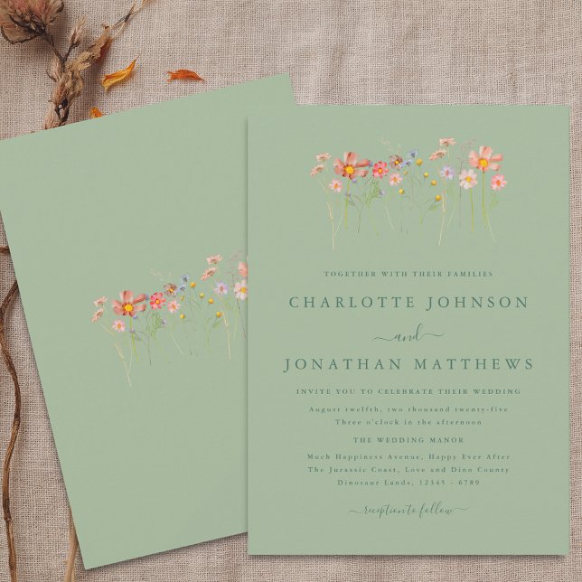 Boho Fall WildblommBlommigt Sage Grönt Bröllop Inbjudningar (Boho fall Wildflower sage green floral Wedding invitation Watercolor flowers stylish modern)