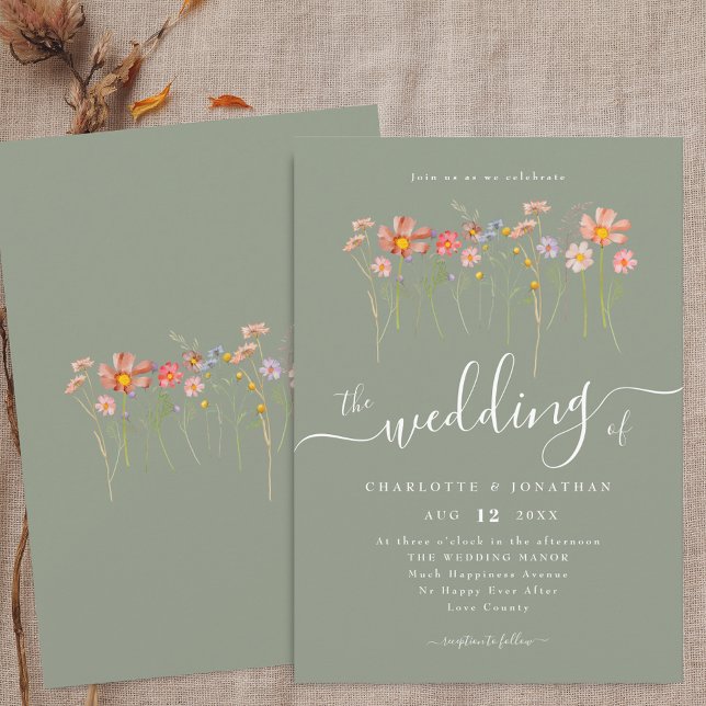 Boho Fall WildblommBlommigt Sage Grönt Bröllop Inbjudningar (Boho fall Wildflower floral sage green Wedding invitation Whimsical elegant script watercolor flower)