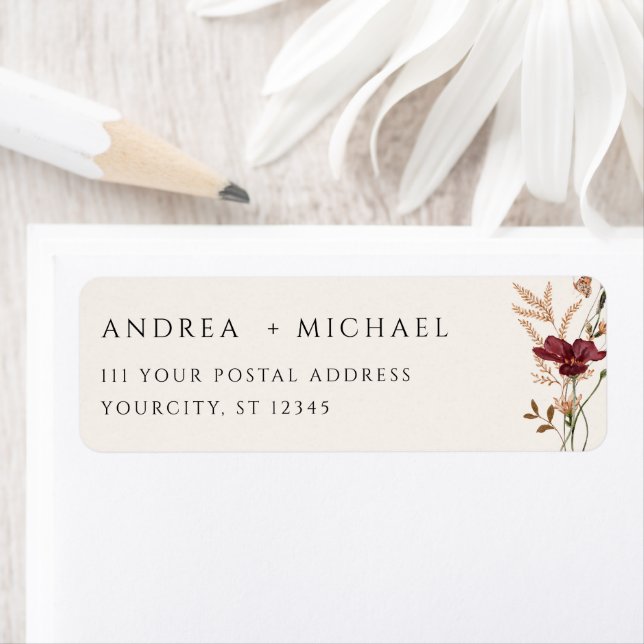 Boho Fall WildblommBröllop Returadress Returadress Etikett (Insitu)