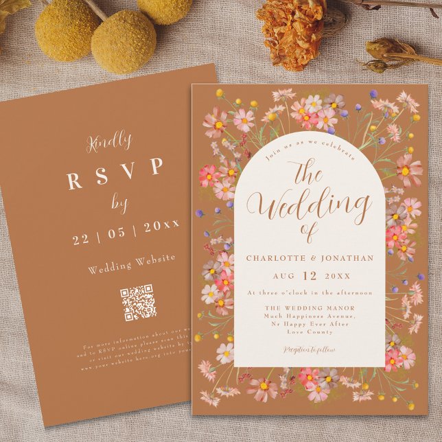 Boho Fall Wildblomme Burnt Orange Bröllop Inbjudningar (Boho fall Wildflower arch burnt orange terracotta Wedding invitation elegant floral watercolor )