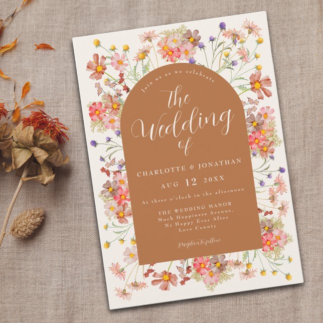 Boho Fall Wildblomme Burnt Orange Bröllop Inbjudningar (Boho fall Wildflower arch burnt orange Wedding invitation  elegant dried floral watercolor )