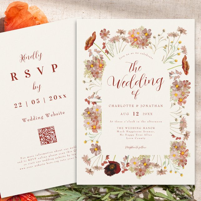 Boho Fall Wildblomme Burnt Orange Bröllop Inbjudningar (Boho wildflower elegant fall wedding qr code invitation in earthy tones)