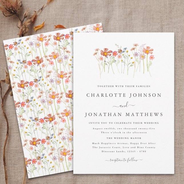 Boho Fall Wildblomme Meadow Bröllop Inbjudningar (Boho fall Wildflower floral Wedding invitation Watercolor autumn flowers orange terracotta brown)