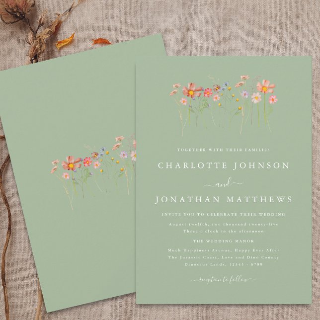 Boho Fall WildblommSage Grönt Bröllop Inbjudningar (Boho fall Wildflower meadow floral sage green terracotta Wedding Invitation Elegant modern script )